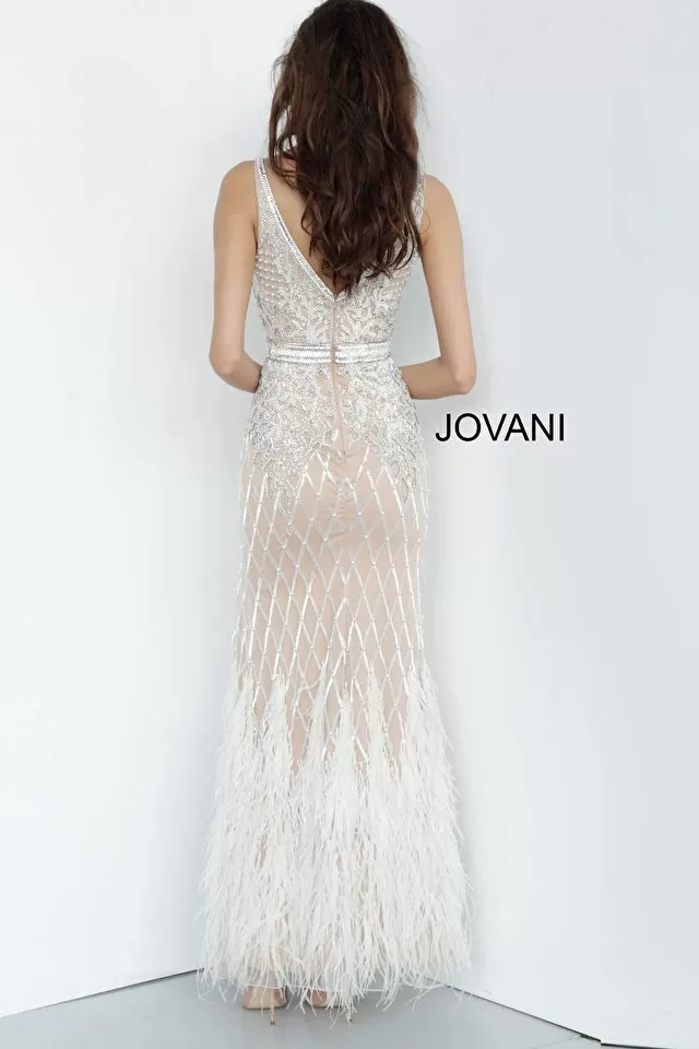 Fernia | Embellished & Feather V Neck Fitted Gown | Jovani 55796