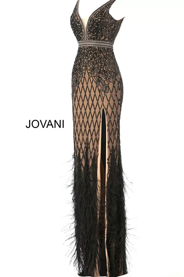 Fernia | Embellished & Feather V Neck Fitted Gown | Jovani 55796