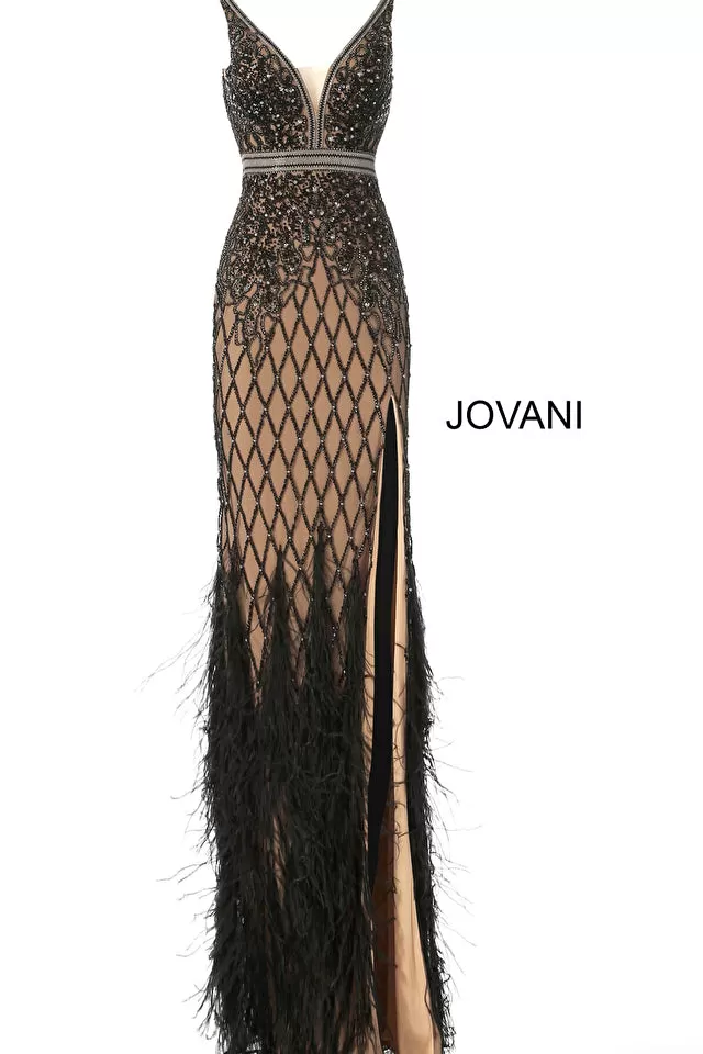 Fernia | Embellished & Feather V Neck Fitted Gown | Jovani 55796