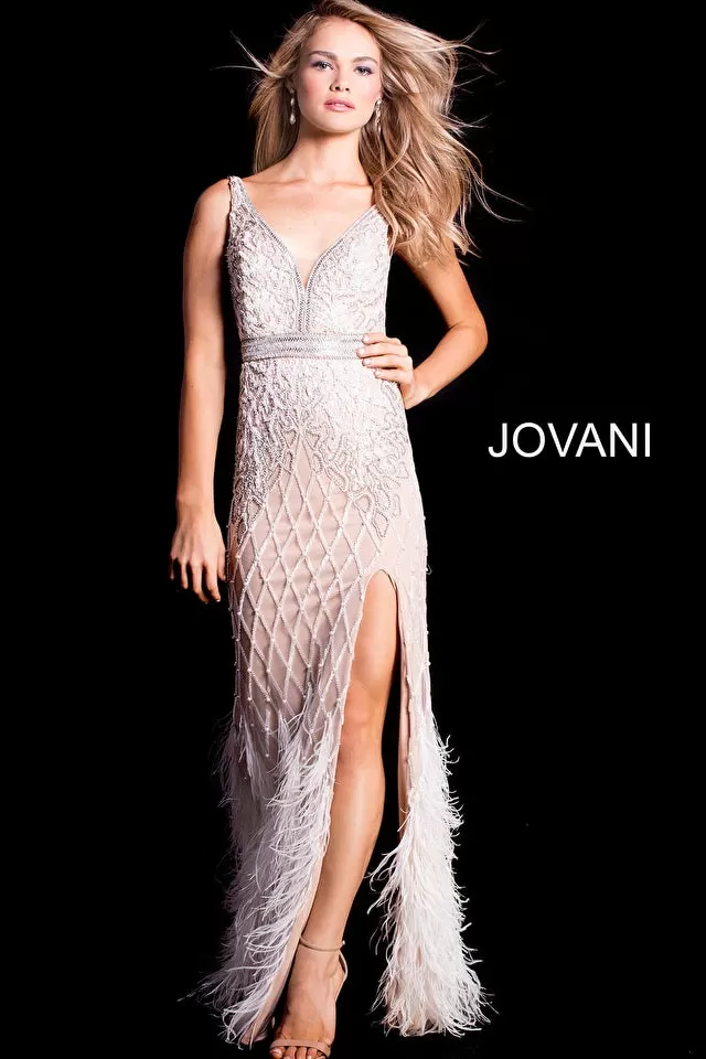 Fernia | Embellished & Feather V Neck Fitted Gown | Jovani 55796