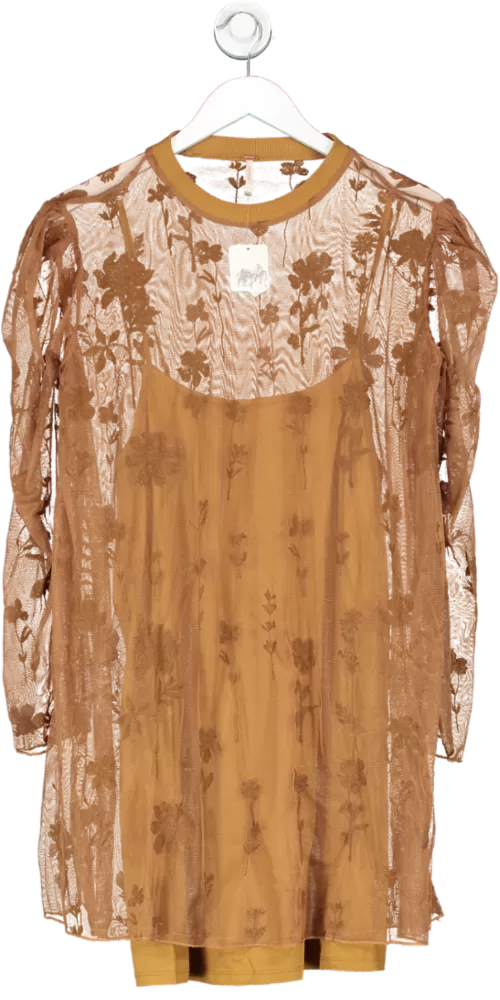 Free People Brown Cecelia Lace Mini Dress UK L