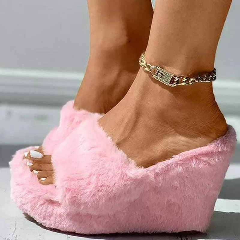 Fur Wedge Heel Slippers