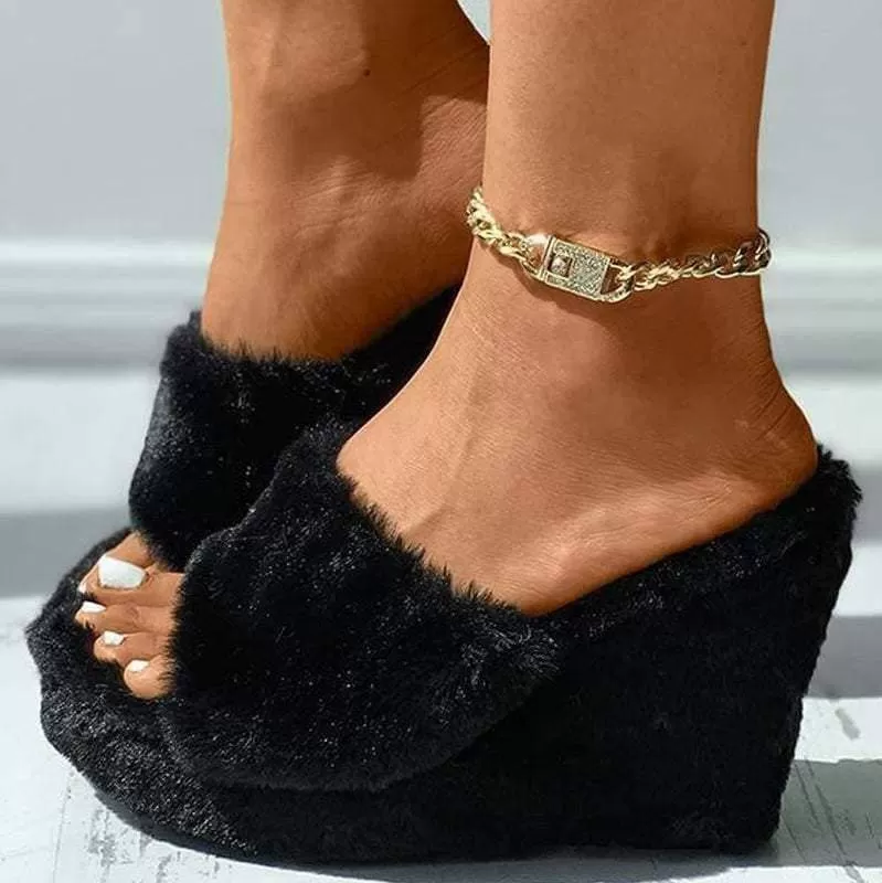 Fur Wedge Heel Slippers