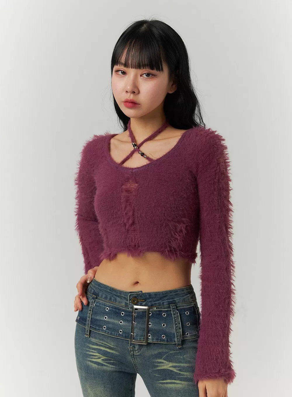 Fuzzy Ripped Crop Sweater CJ419