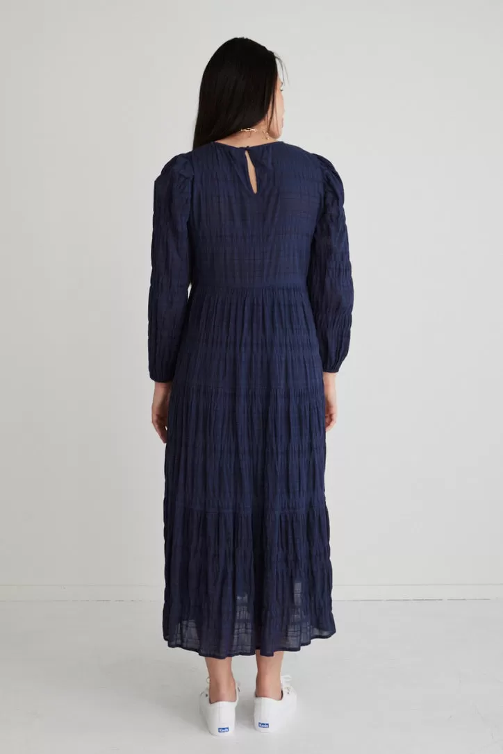 Gigi Navy Shirred Cotton LS Tiered Maxi Dress