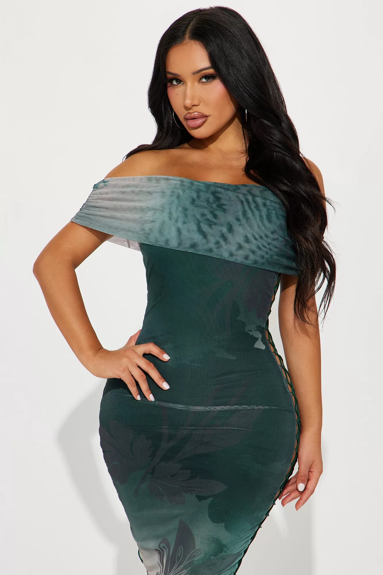 Gina Off Shoulder Mesh Maxi Dress - Hunter