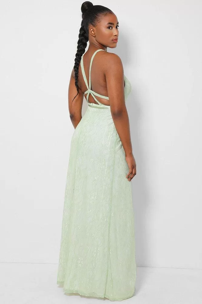 Green Delicate Lace Overlay Wrap Front Maxi Dress