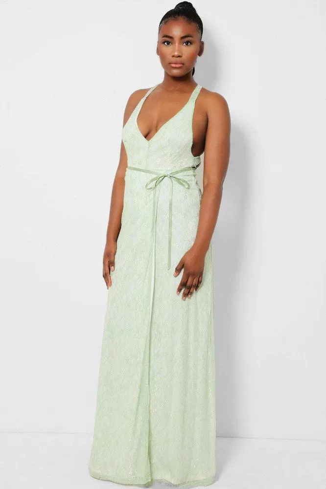 Green Delicate Lace Overlay Wrap Front Maxi Dress