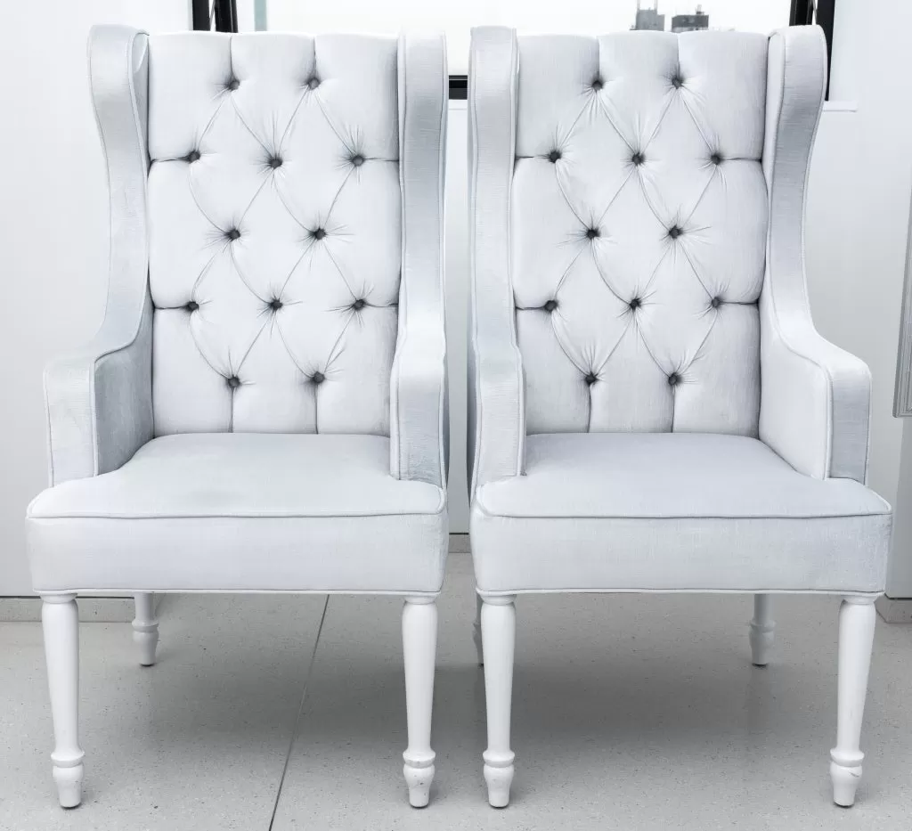 Hollywood Regency Platinum Velvet Wing Chairs, Pair