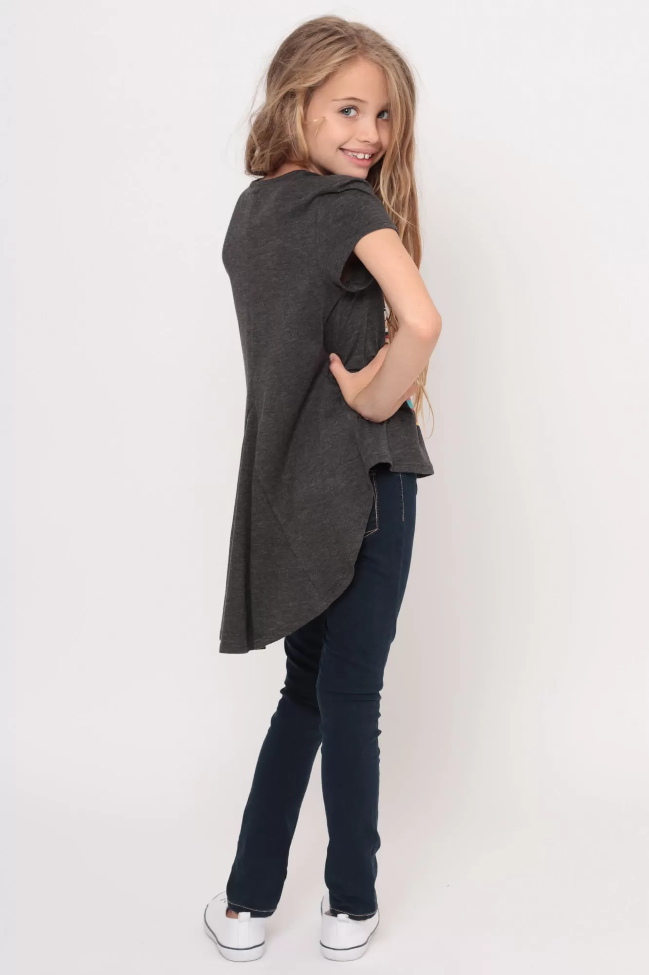 I Love Candy | Hi-Low Ruffle Back Top - Charcoal