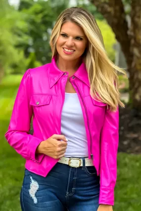 Let's Go Barbie Faux Leather Jacket : Hot Pink