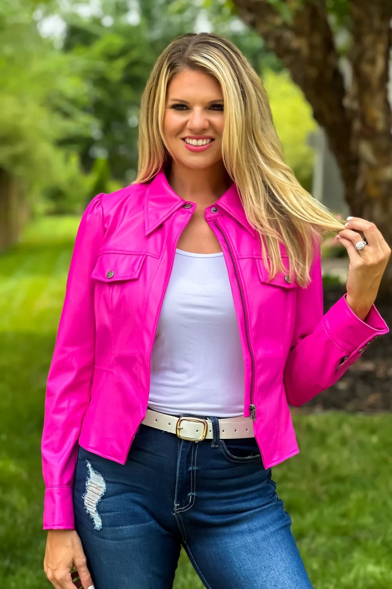 Let's Go Barbie Faux Leather Jacket : Hot Pink