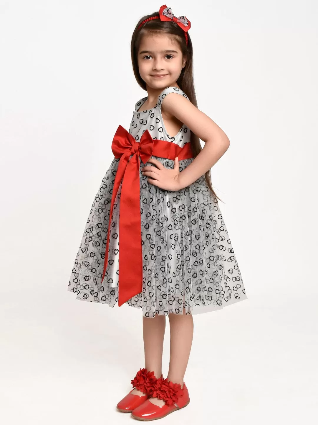 Light Grey Dress with Red Bow and Hair Band