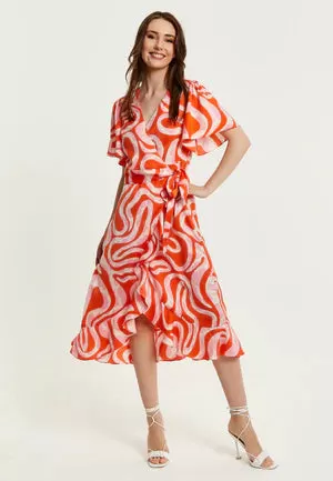 Liquorish Pink And Red Abstract Print Midi Wrap Dress