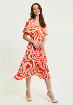 Liquorish Pink And Red Abstract Print Midi Wrap Dress