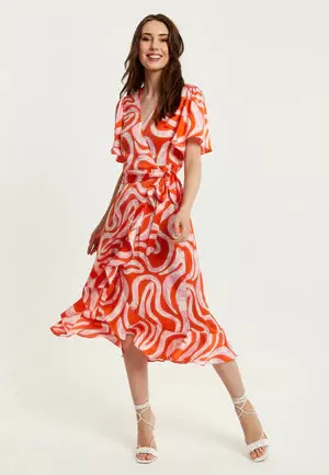 Liquorish Pink And Red Abstract Print Midi Wrap Dress