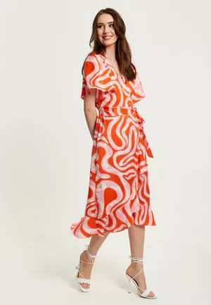 Liquorish Pink And Red Abstract Print Midi Wrap Dress