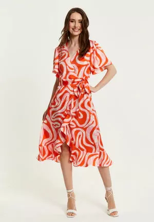 Liquorish Pink And Red Abstract Print Midi Wrap Dress