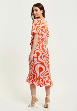 Liquorish Pink And Red Abstract Print Midi Wrap Dress