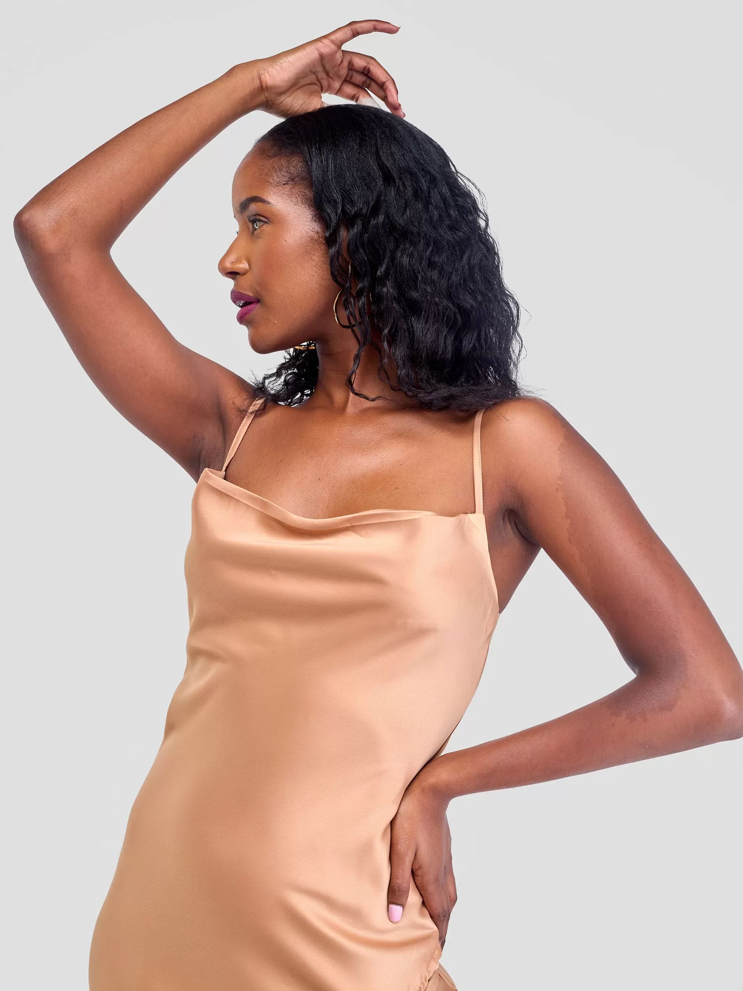 Lola Satin Slip Dress With Side Buttons - Tan