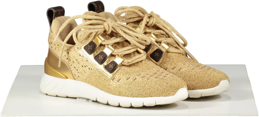 Louis Vuitton Metallic Gold Knit Fabric And Leather Aftergame Lace Trainer Sneakers UK 3 EU 36 👠