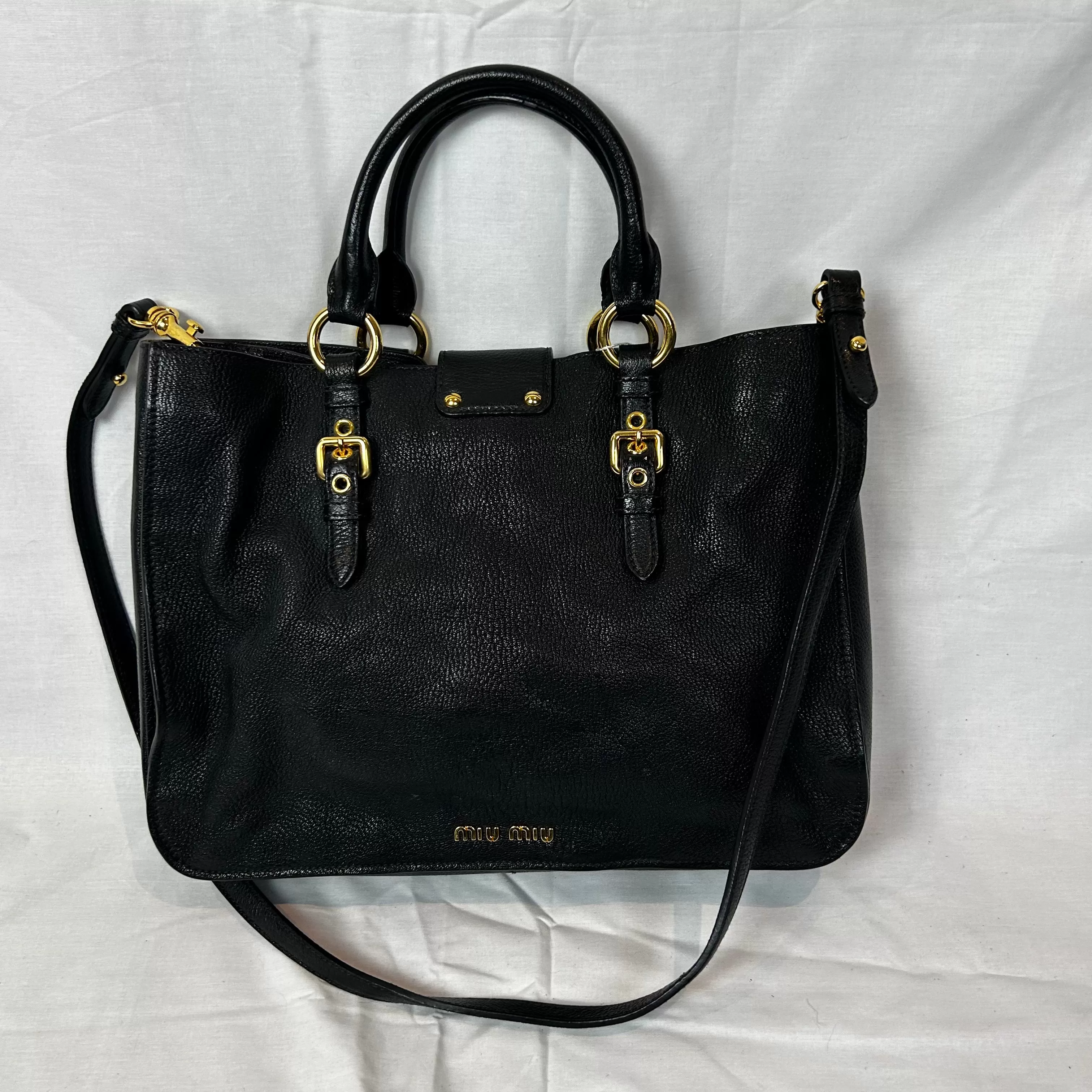 Miu Miu Black Pebbled Goatskin Medium Madras Tote Bag