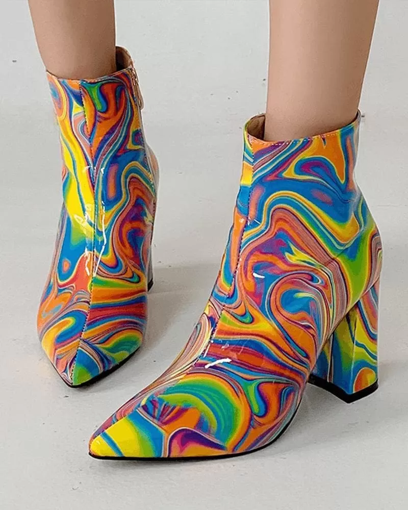 Multicolor Zipper Pointed Toe Boots