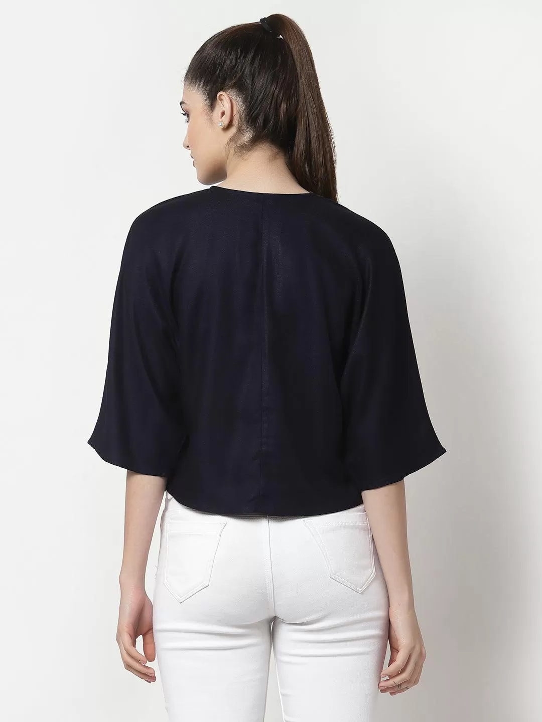 Navy Blue Solid Crepe Blouson Top