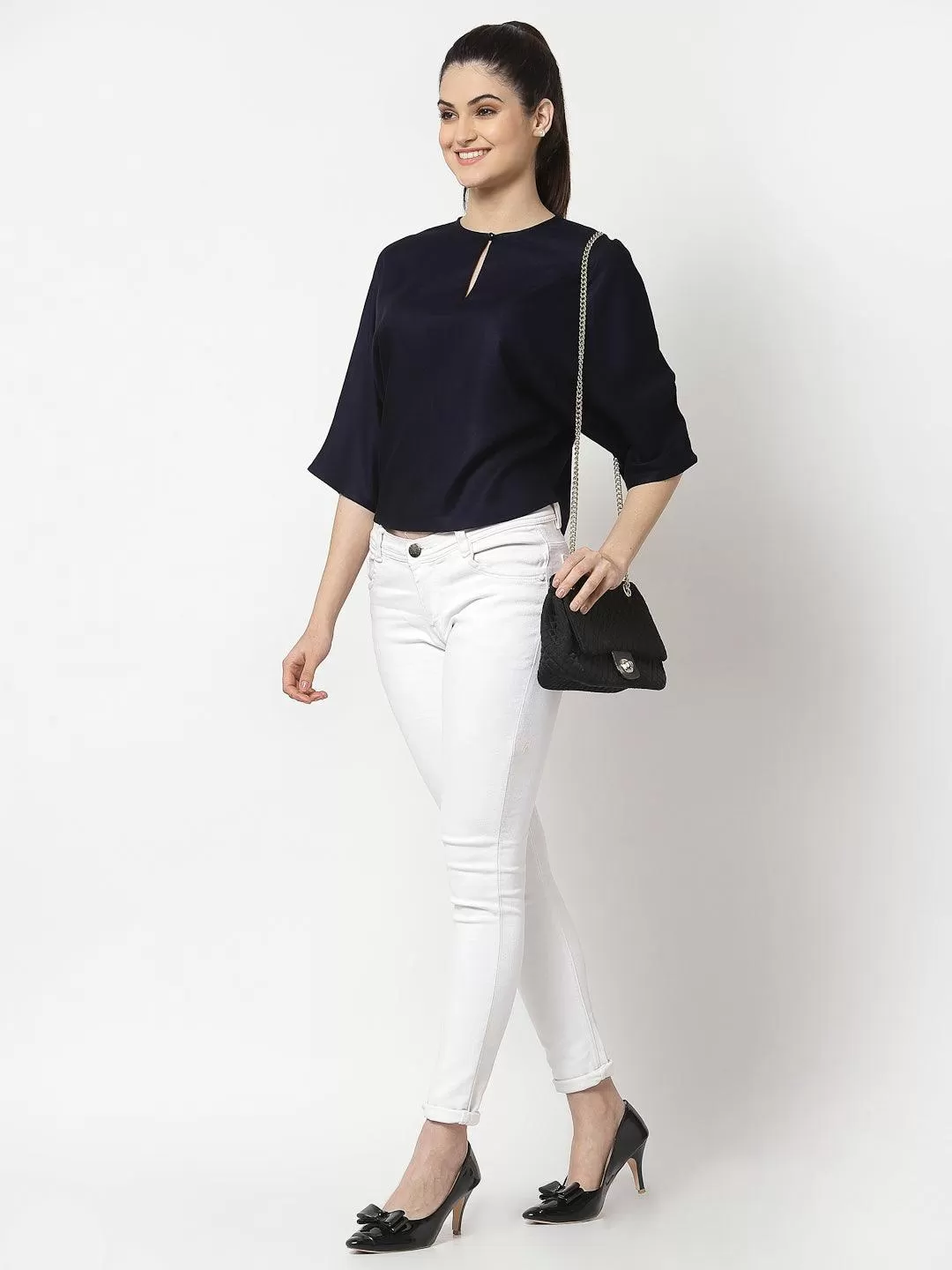 Navy Blue Solid Crepe Blouson Top