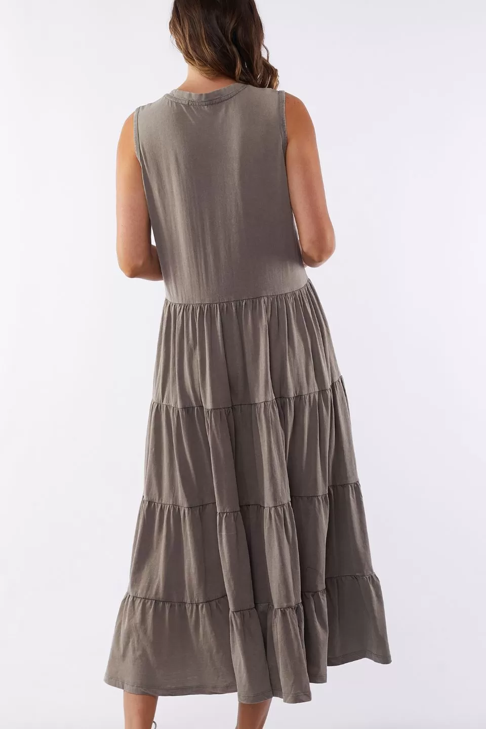 Nebraska Washed Khaki SL Tiered Midi Dress