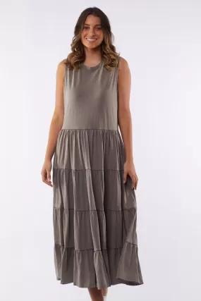 Nebraska Washed Khaki SL Tiered Midi Dress