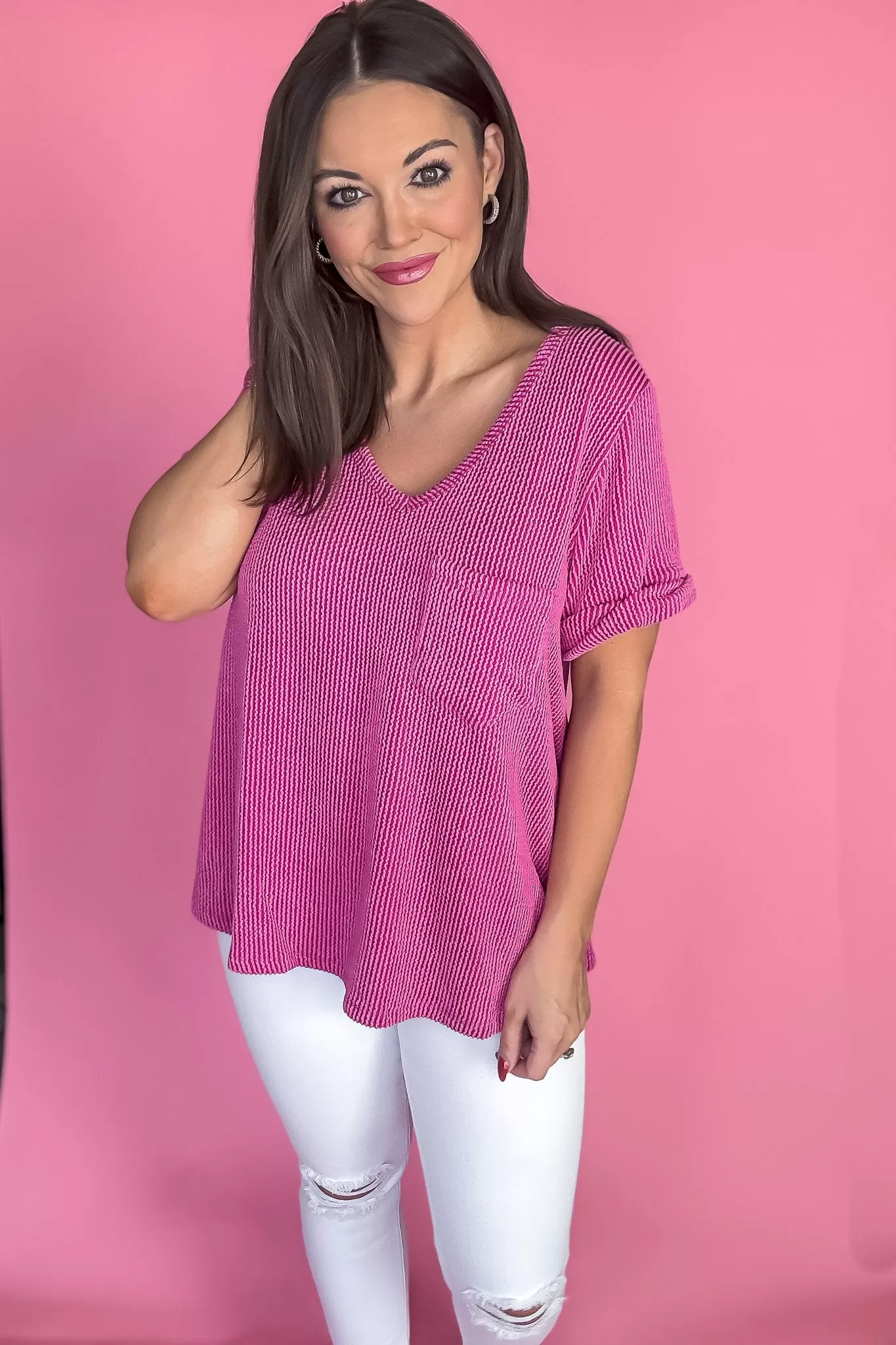 Orchid V-neck Short Sleeve Ribbed Top