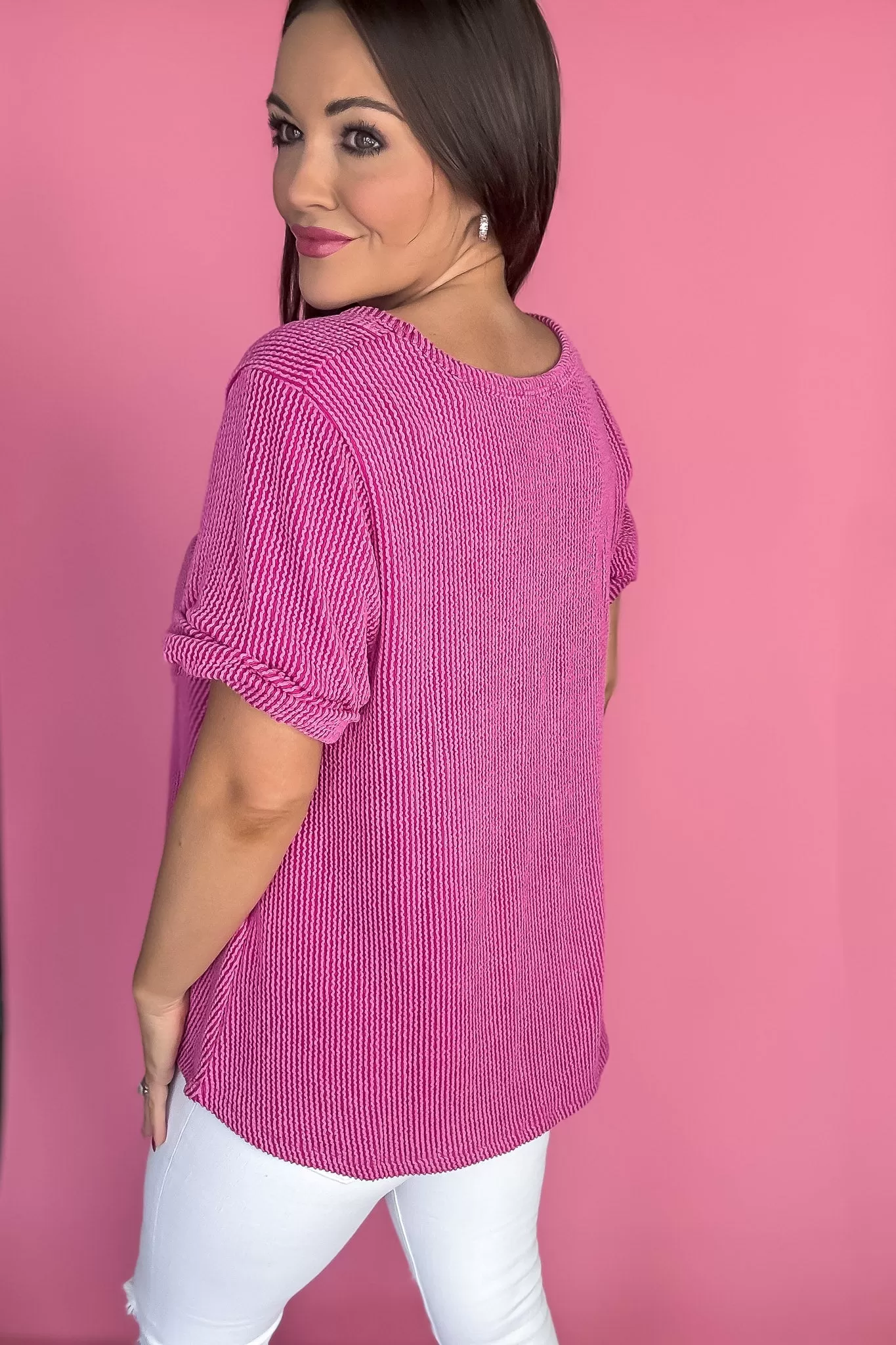 Orchid V-neck Short Sleeve Ribbed Top