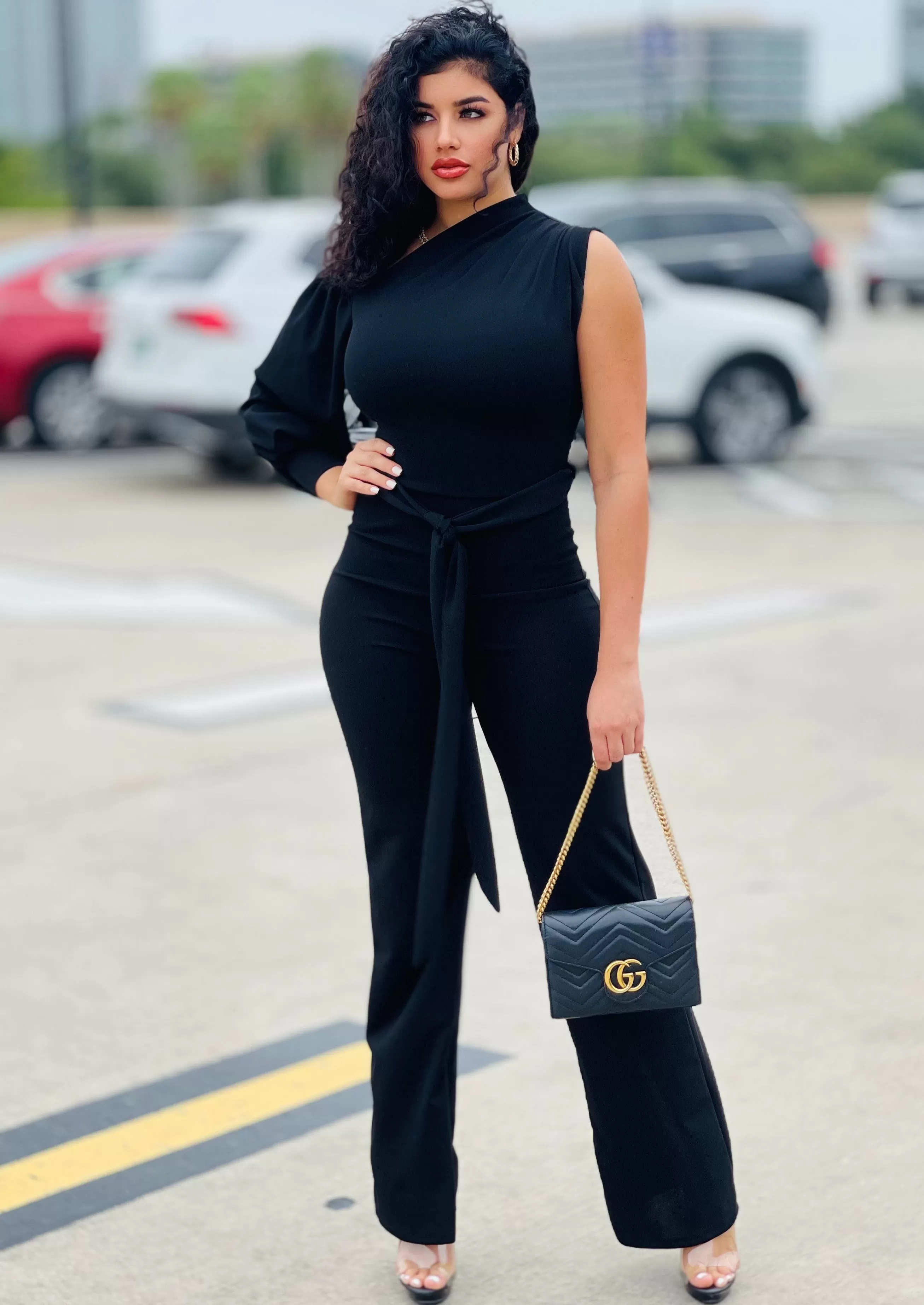 Phebie One Shoulder Black Jumpsuit