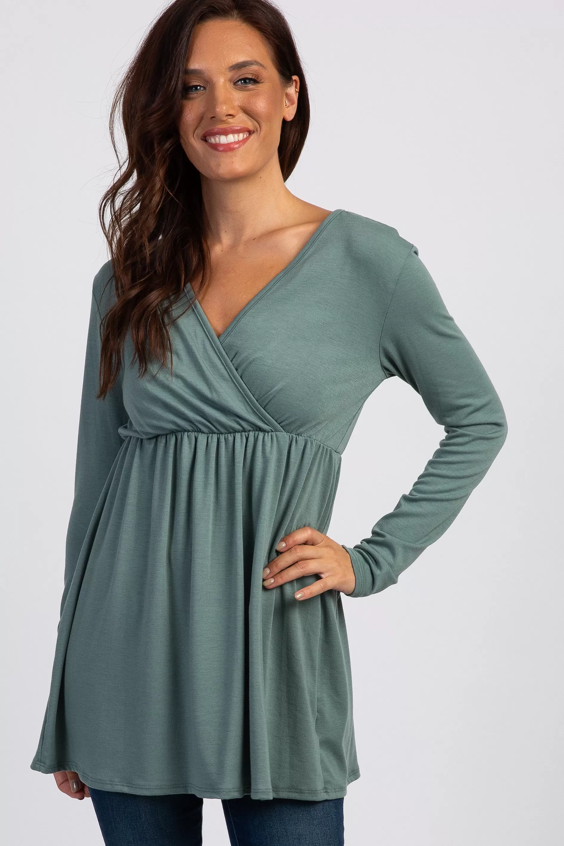 PinkBlush Olive Green Long Sleeve Wrap Front Maternity Nursing Top