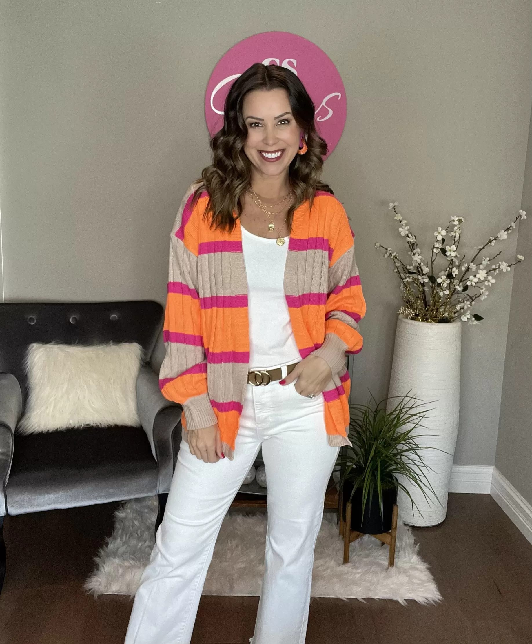 Pink/Orange Striped Ribbed Knit Sweater Cardigan