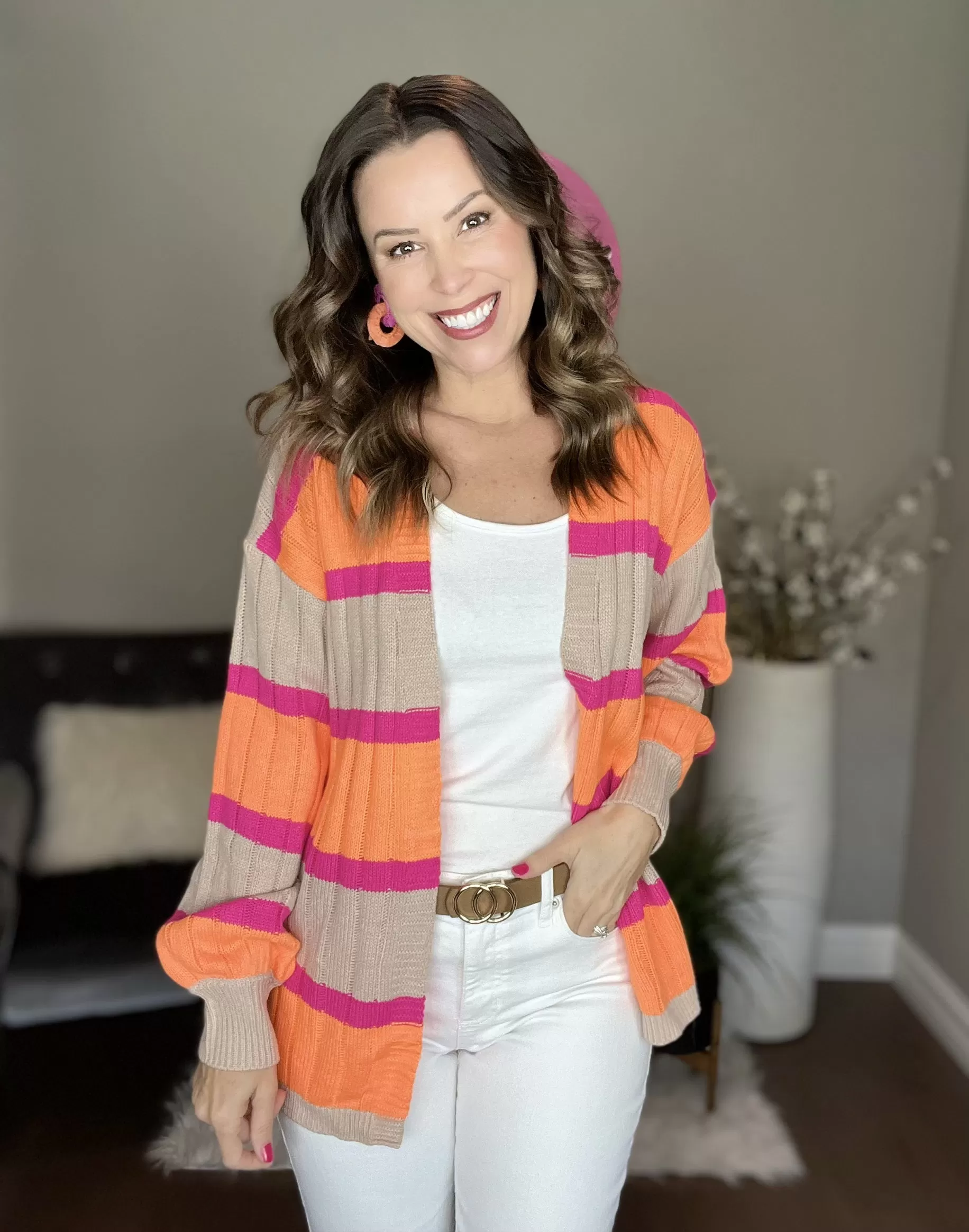 Pink/Orange Striped Ribbed Knit Sweater Cardigan