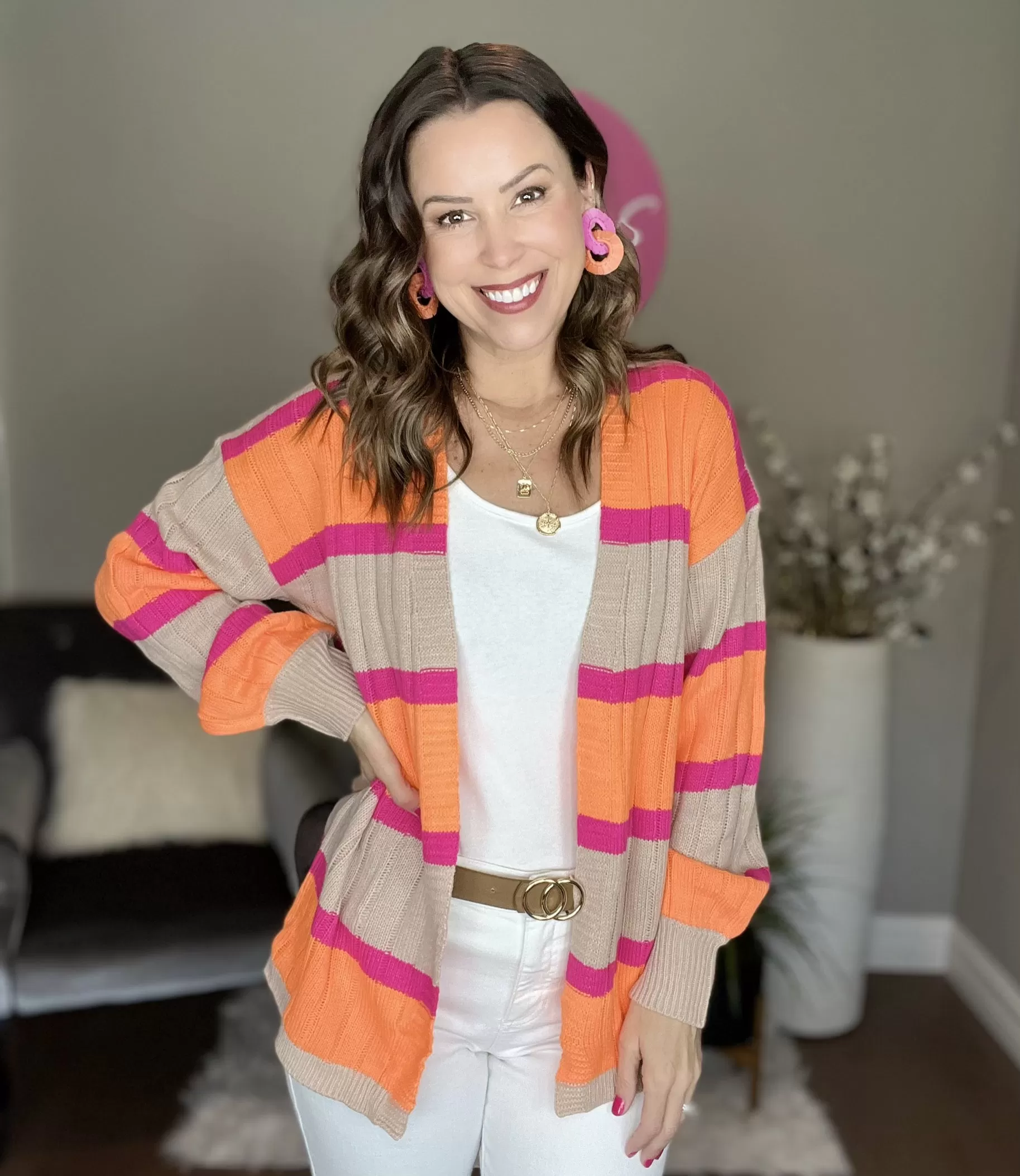 Pink/Orange Striped Ribbed Knit Sweater Cardigan