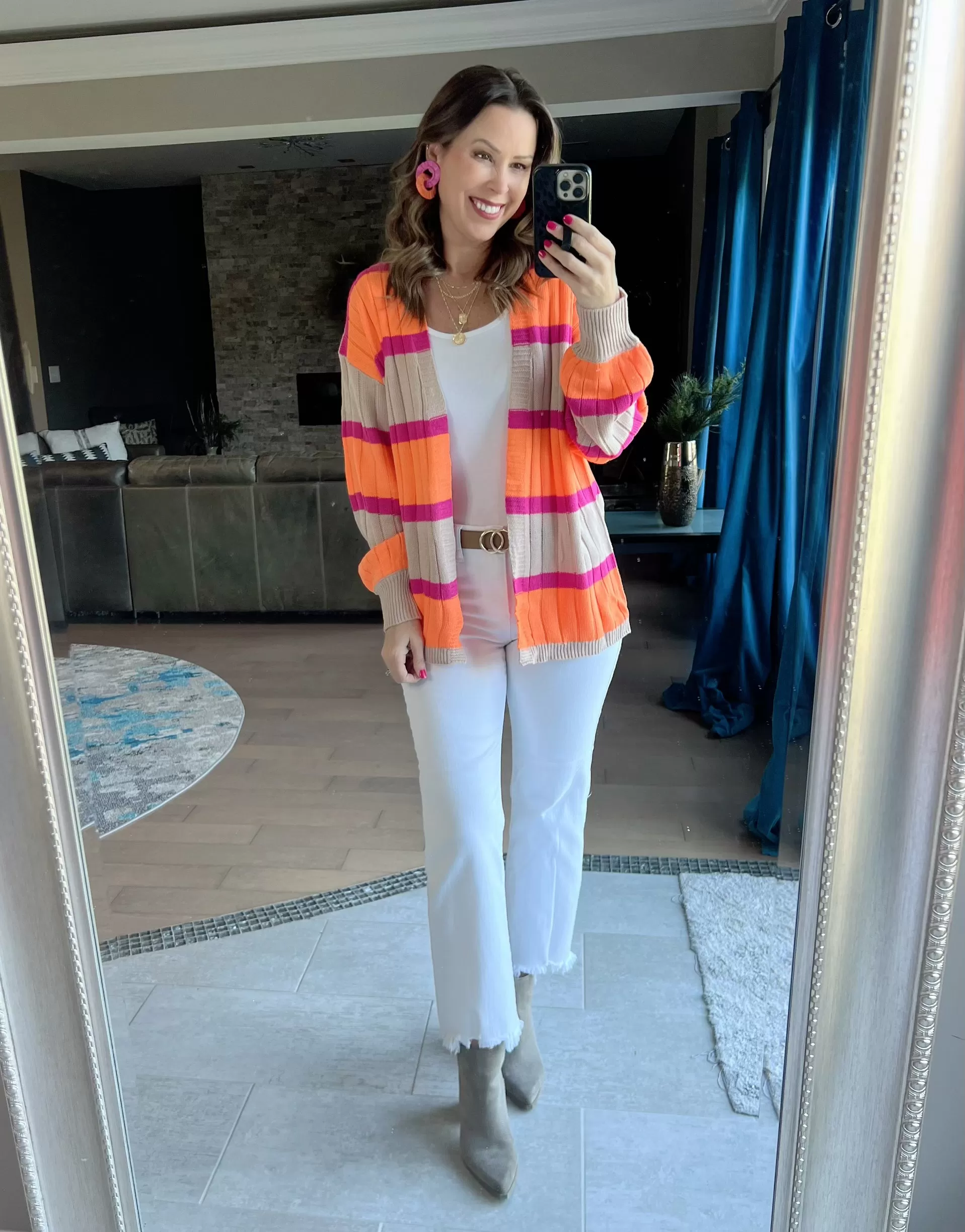 Pink/Orange Striped Ribbed Knit Sweater Cardigan