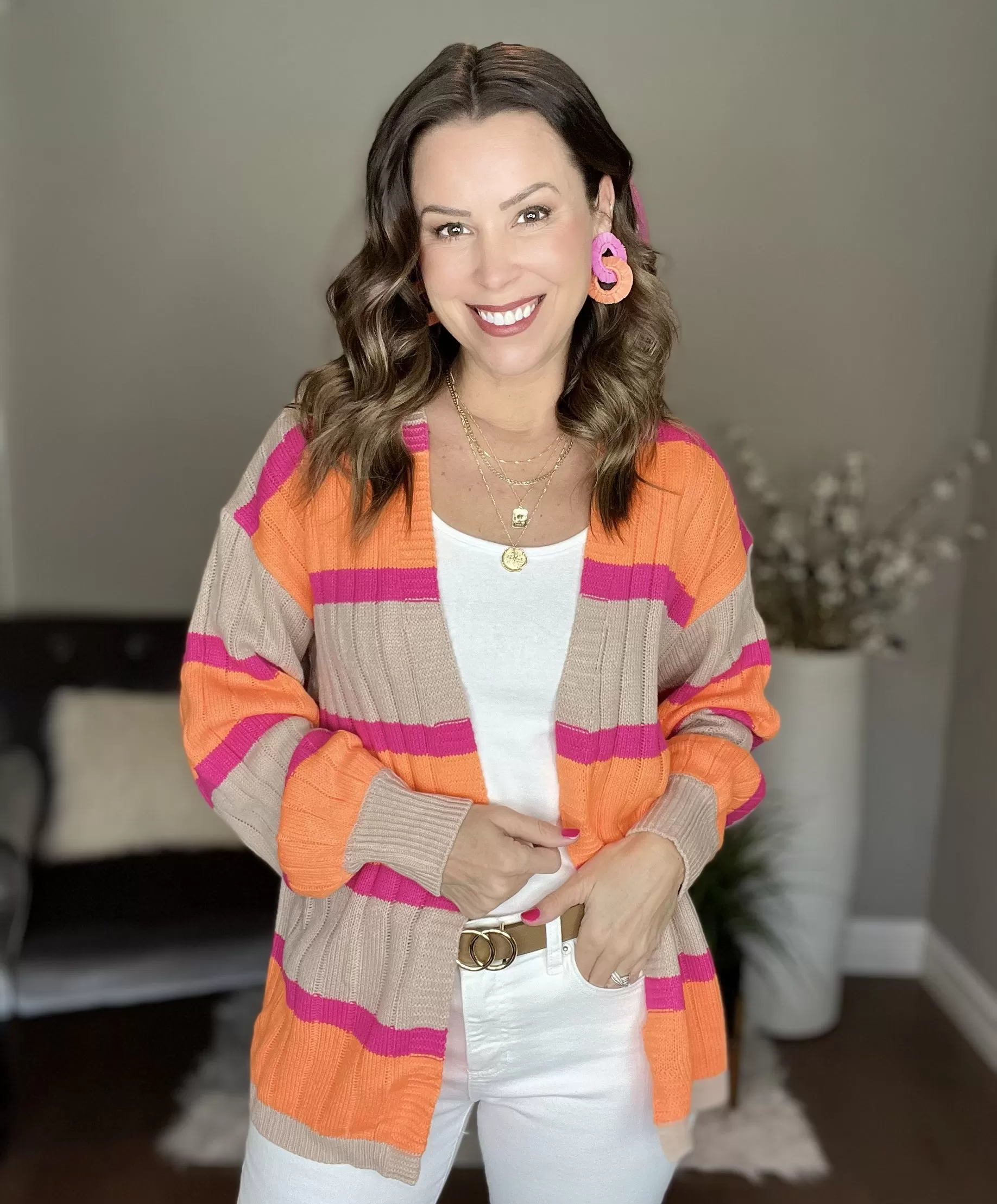 Pink/Orange Striped Ribbed Knit Sweater Cardigan