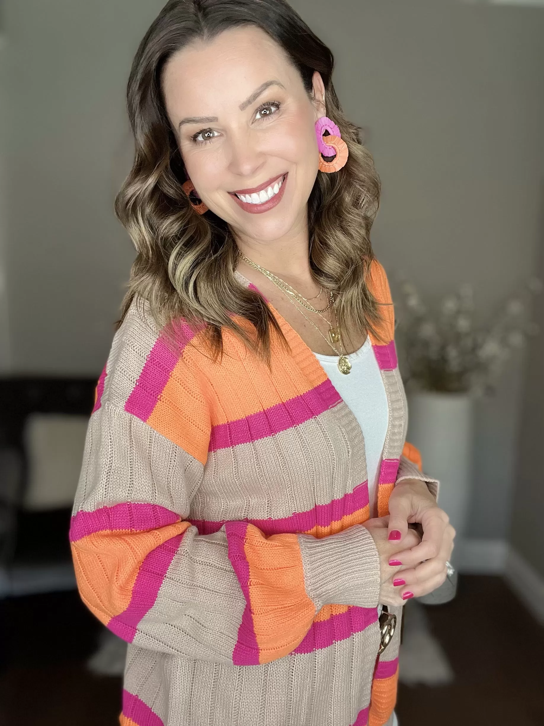 Pink/Orange Striped Ribbed Knit Sweater Cardigan