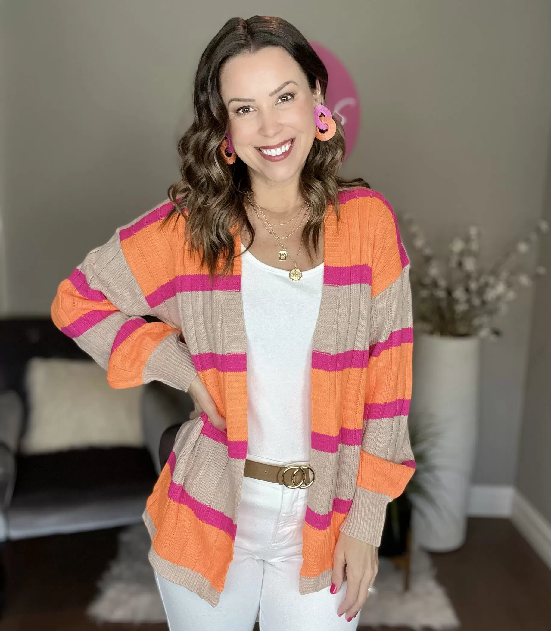 Pink/Orange Striped Ribbed Knit Sweater Cardigan