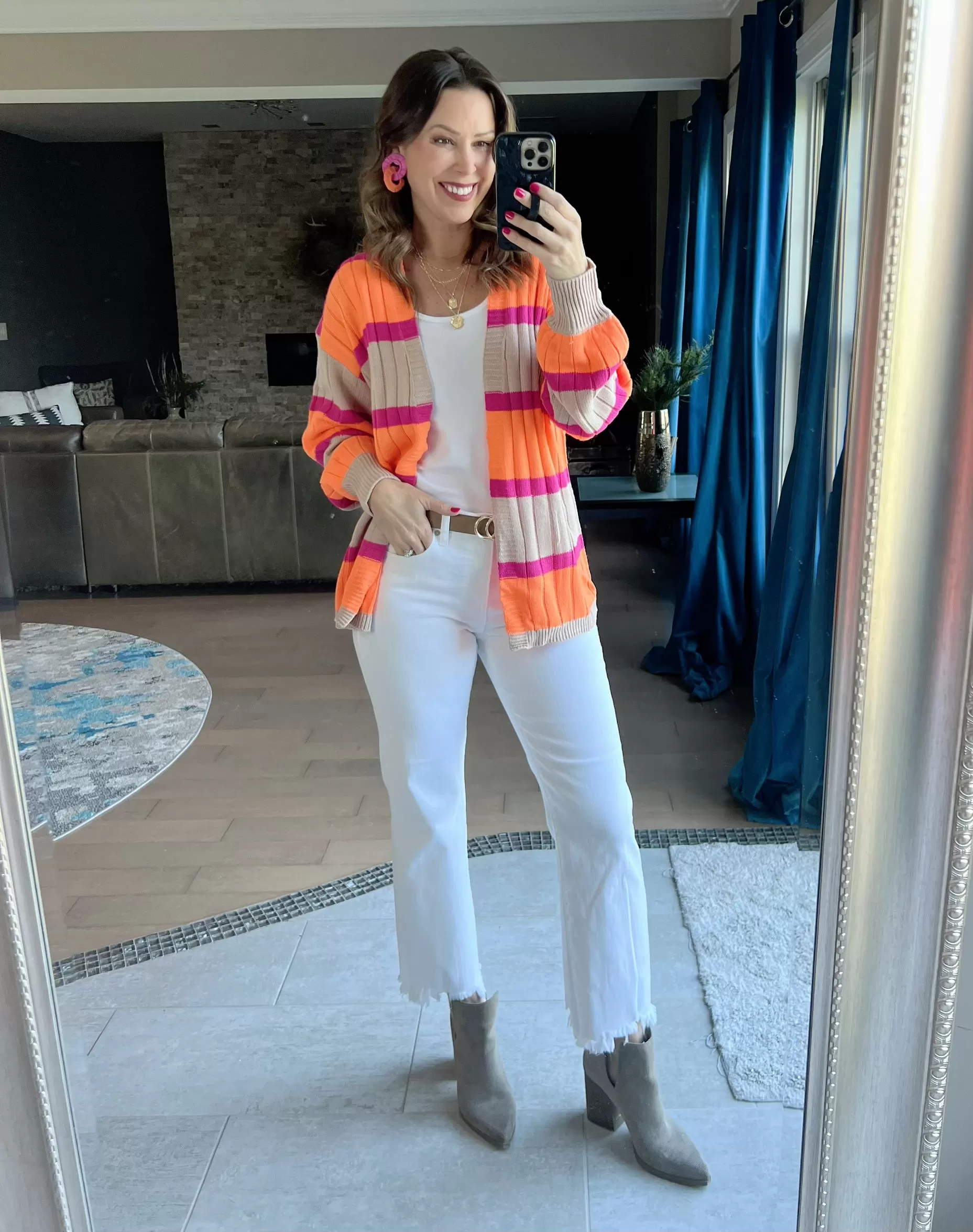 Pink/Orange Striped Ribbed Knit Sweater Cardigan