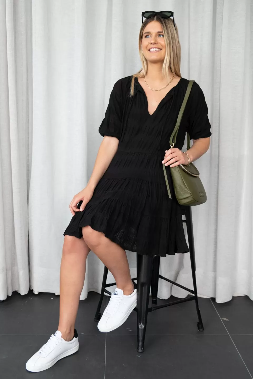 Playful Black Shirred Cotton SS V Neck Tiered Mini Dress