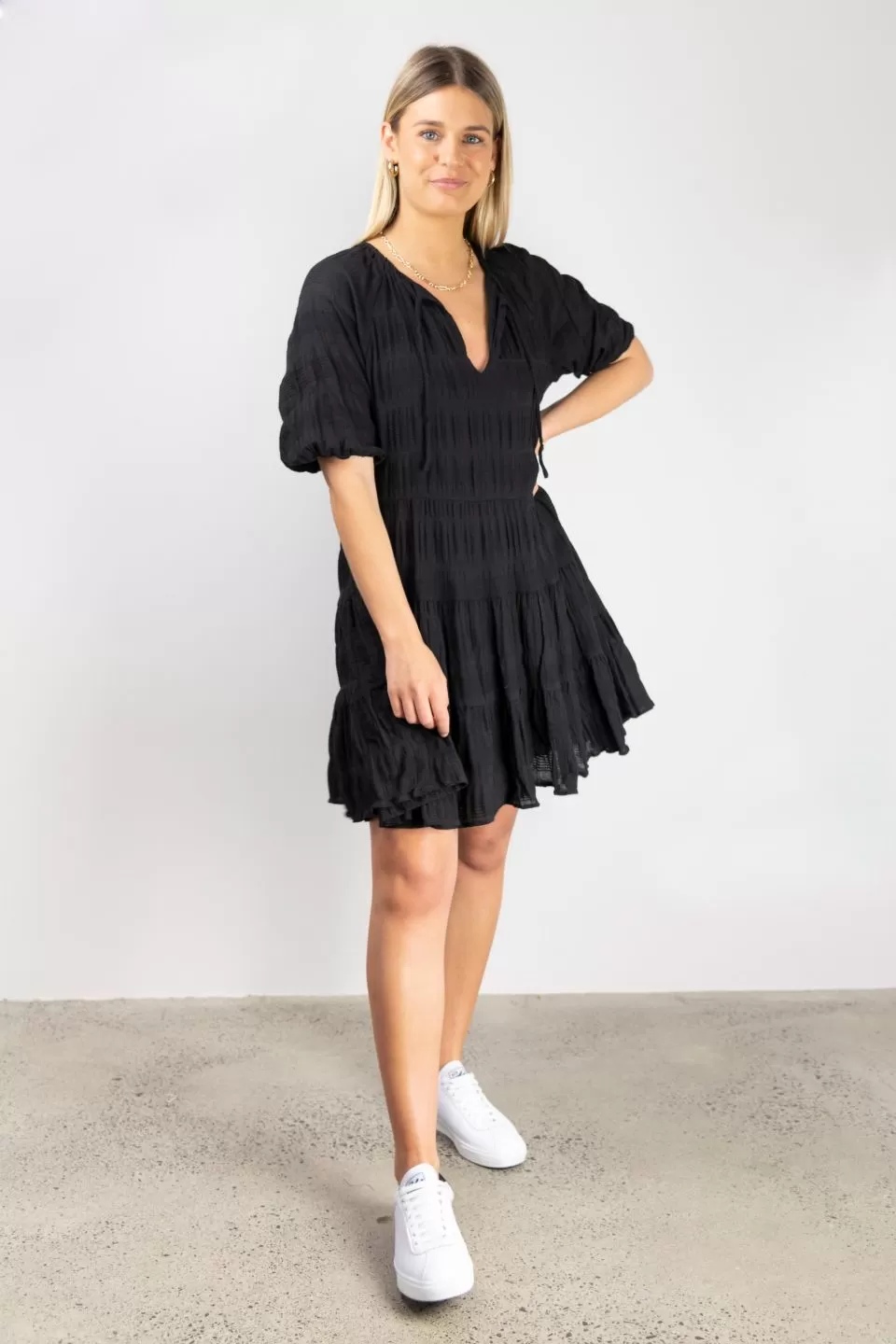 Playful Black Shirred Cotton SS V Neck Tiered Mini Dress