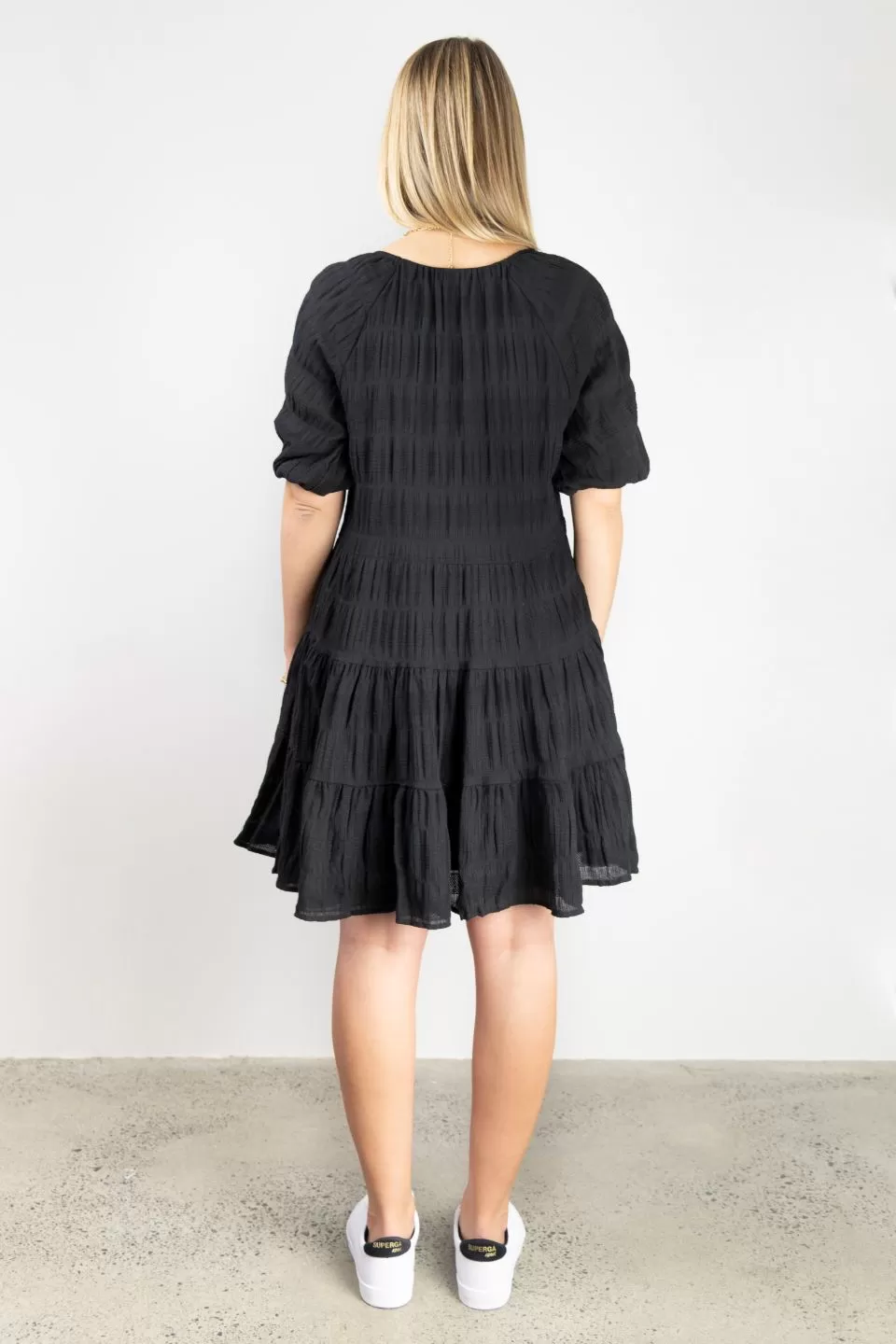 Playful Black Shirred Cotton SS V Neck Tiered Mini Dress