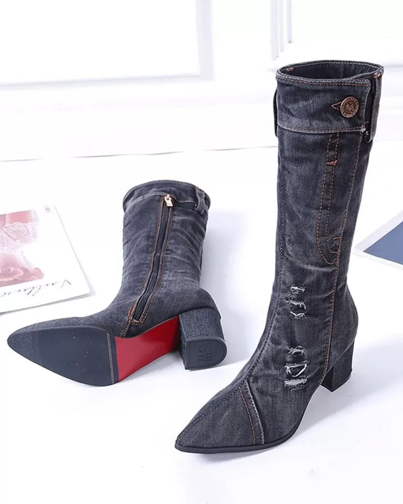 Pointed Toe Denim Zipper Boots