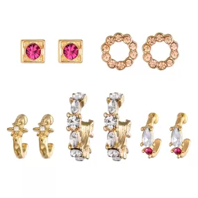 Red Stone & Cubic Zirconia Gold Huggie Earring Set