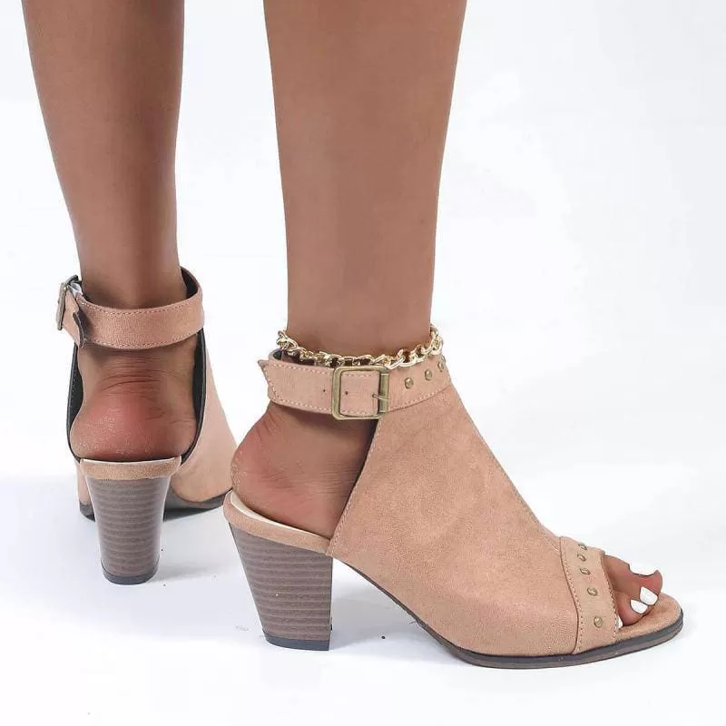 Rivet Peep Toe Adjusting Buckle Chunky Heel Sandals