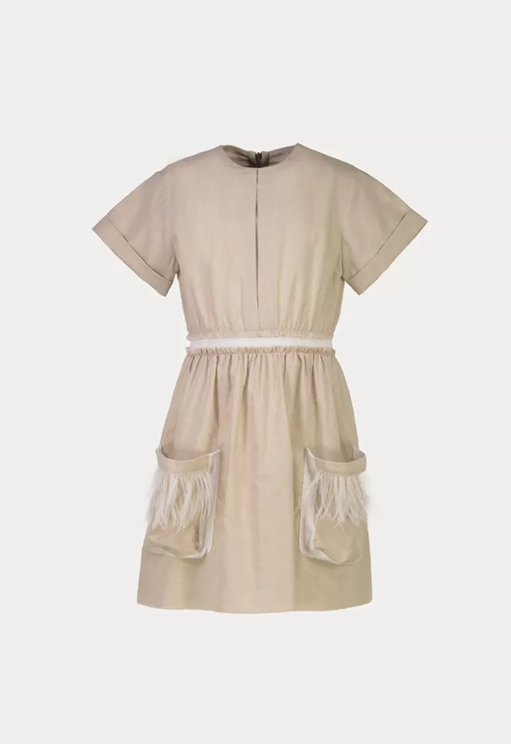 Ruched Feathers Details Elastic Waist Dress